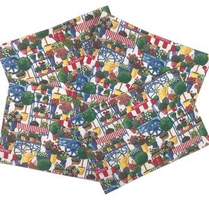 4 Vintage Colorful French Scene Cloth Placemats Farmhouse Provence Flowers FLAWS